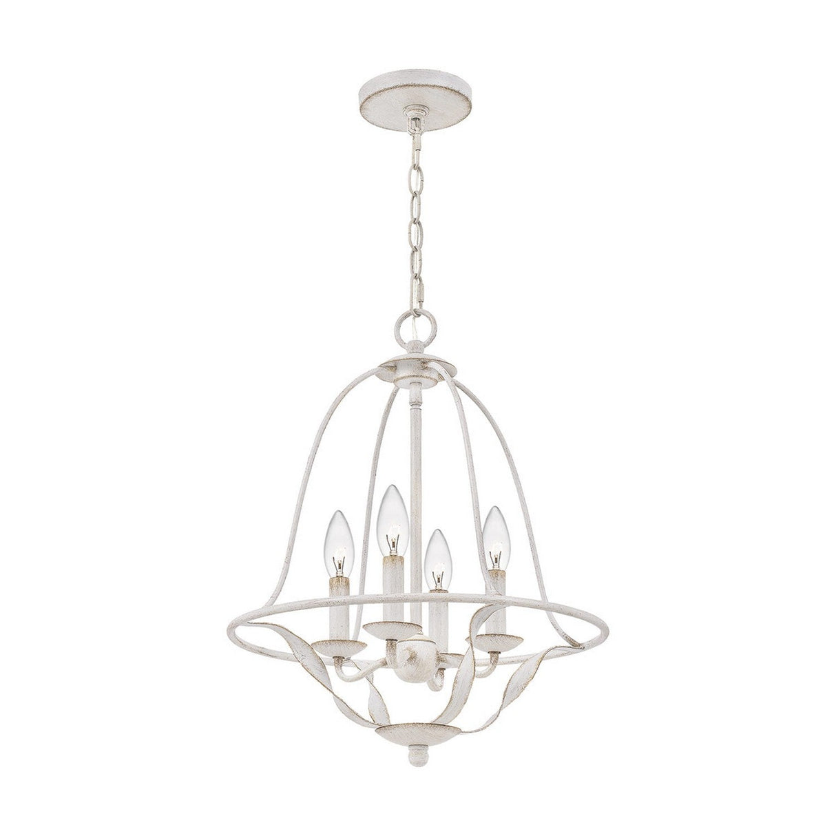 The Bradbury 4 Light Chandelier in antique white boasts a vintage-style design with a bell-shaped metal frame and elegant curves. It features a four-light setup with candle-like bulbs, hanging gracefully from a chain link to showcase its classic charm.