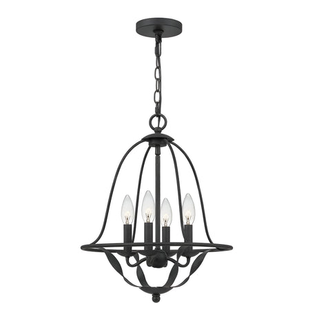The Bradbury 4 Light Chandelier in Grey Ash is a black metal fixture featuring four candle-shaped light bulbs. It showcases a versatile design with a curved, open cage and hangs elegantly from a chain, creating modern aesthetics with its evenly spaced lights around a central stem.
