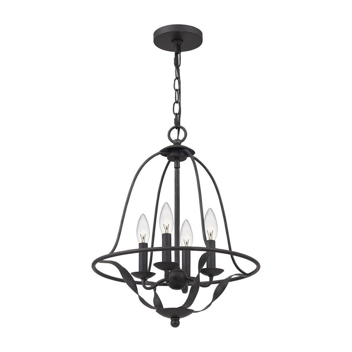 The Bradbury 4 Light Chandelier in Grey Ash features a dome-shaped frame that hangs from a chain, highlighting its modern aesthetics. It includes four candle-style light bulbs arranged on elegant curved arms in a circular formation. This versatile and sophisticated design complements both traditional and modern decor styles beautifully.