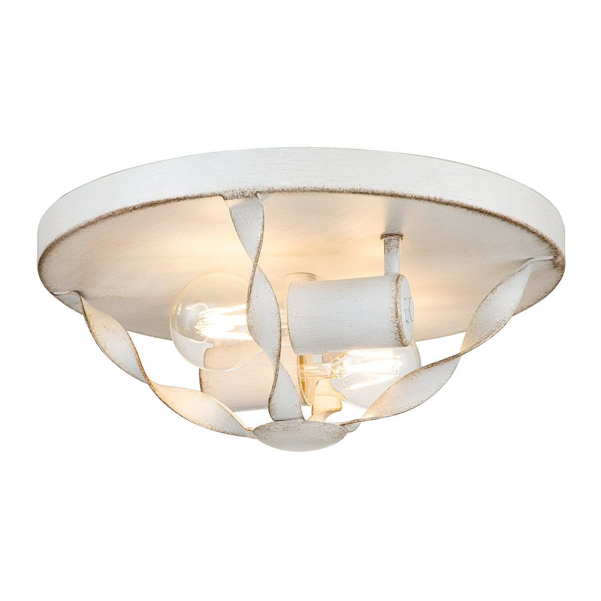 The Bradbury 2 Light Flush in Antique White features a circular metal frame with a twisted, ribbon-like design. The exposed bulbs enhance its vintage appeal, creating a charming and timeless look.