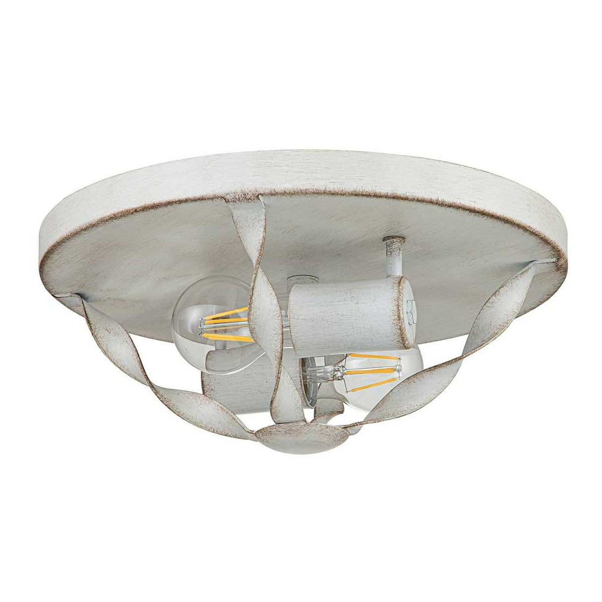 Introducing the Bradbury 2 Light Flush in Antique White, a vintage-style ceiling light fixture with a circular base. Its design showcases two exposed bulbs surrounded by decorative twisted metal accents, offering a rustic charm and timeless vintage appeal.