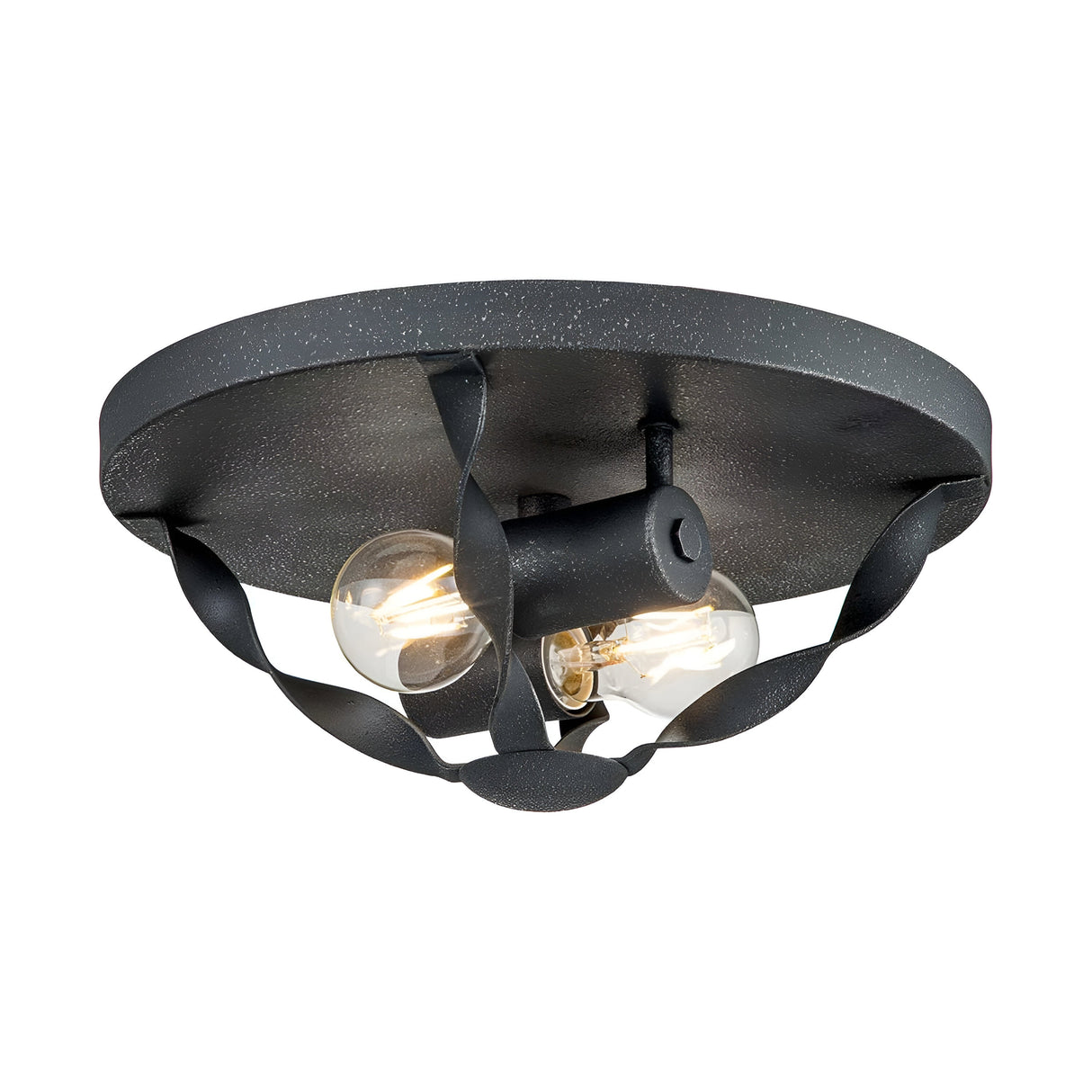 The Bradbury 2 Light Flush in Grey Ash is a black flush mount ceiling fixture featuring two exposed bulbs and decorative twisted metal accents. This elegant piece combines modern industrial design with contemporary lighting, all finished in subtle grey ash tones.