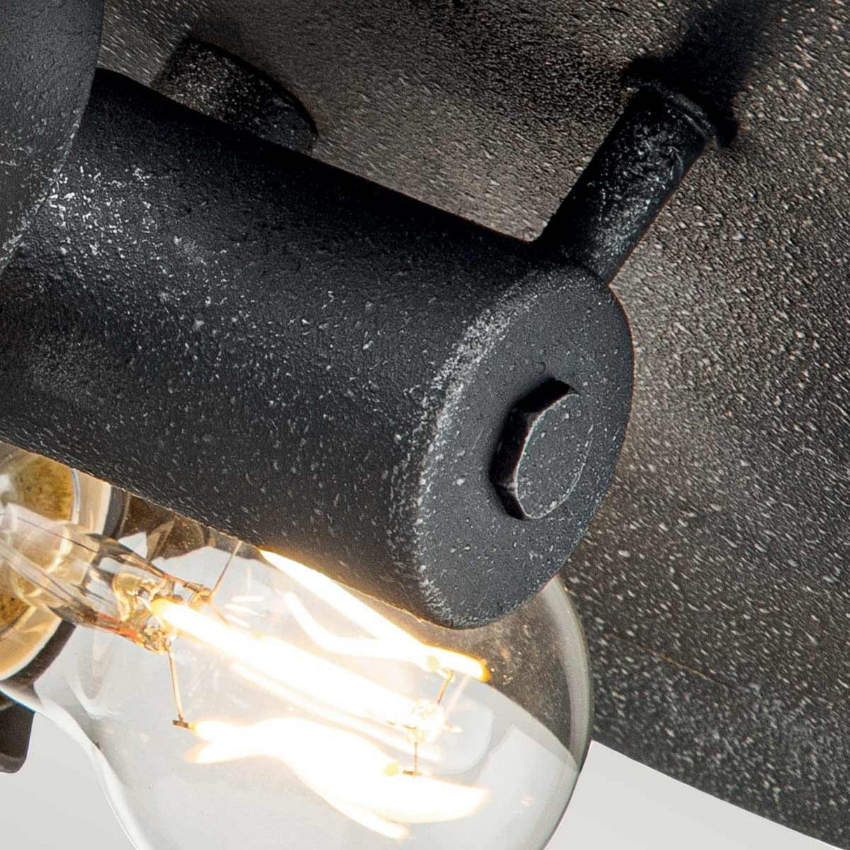 Close-up of the Bradbury 2 Light Flush in industrial black metal casing. The bulb is glowing with visible filaments, and the surrounding metal showcases a textured grey ash finish, offering a rugged, rustic appearance—a perfect blend of contemporary lighting design.
