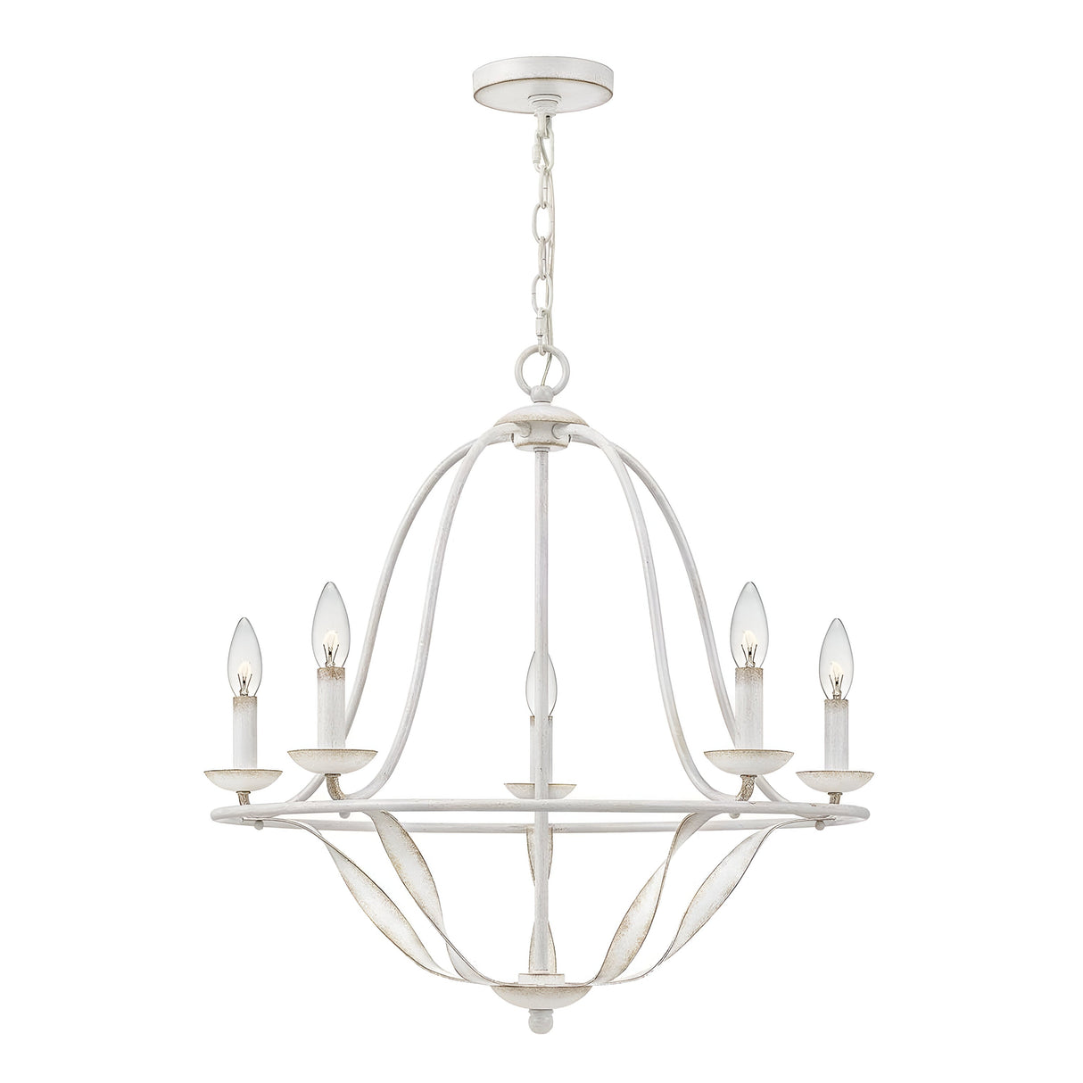 The Bradbury 5 Light Chandelier - Antique White features traditional candle-like bulbs and hangs from a chain. It boasts gracefully curved metal arms and a central column, exuding vintage charm with its elegant, classic design.