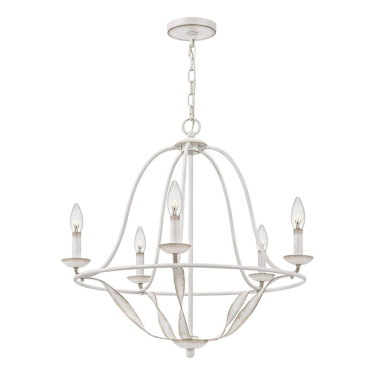 The Bradbury 5 Light Chandelier in Antique White offers vintage charm with its elegantly curved arms and five candle-shaped light bulbs, all hanging from a classic ceiling chain.