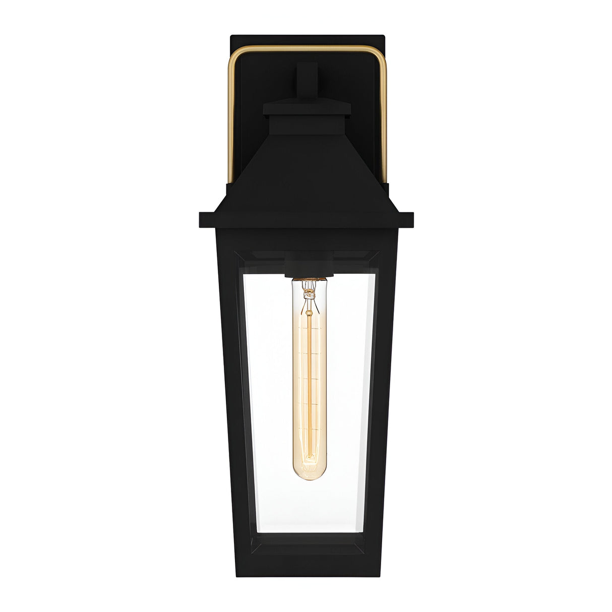 The Buckley 1 Light Coastal Medium Outdoor Wall Lights Lantern in black features a modern rectangular frame, clear glass panels, and a single exposed vertical bulb—ideal as a stylish, weatherproof outdoor light for your home.