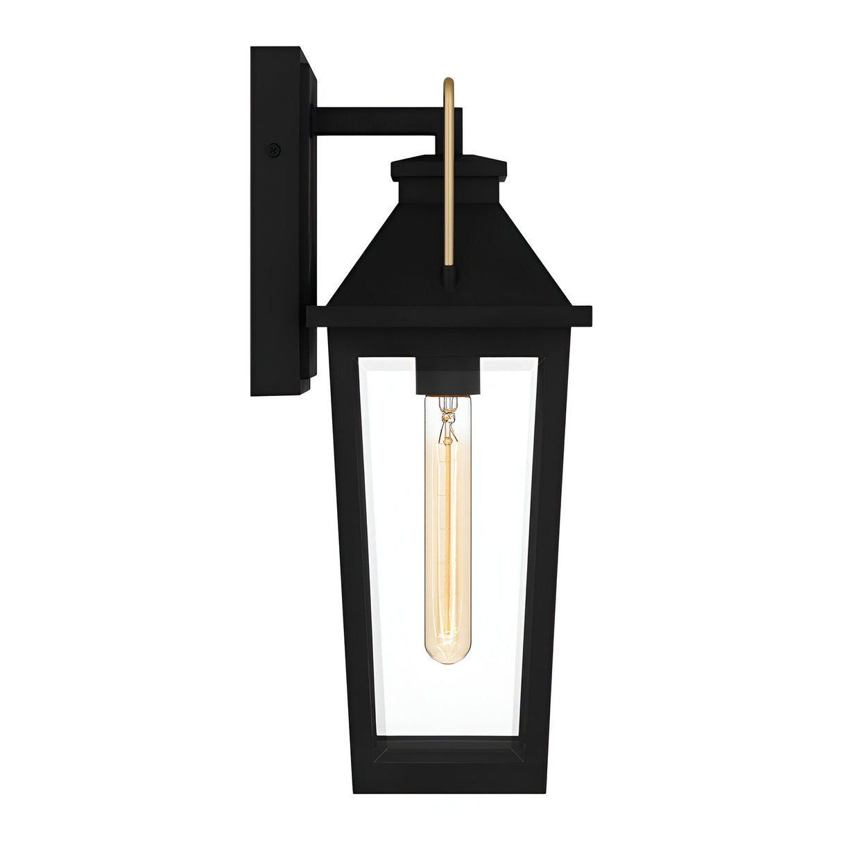 The Buckley 1 Light Coastal Medium Outdoor Wall Lights Lantern in black features a rectangular design with clear glass panels, a visible vintage-style bulb, weatherproof construction, and a brass accent on the black metal backplate.