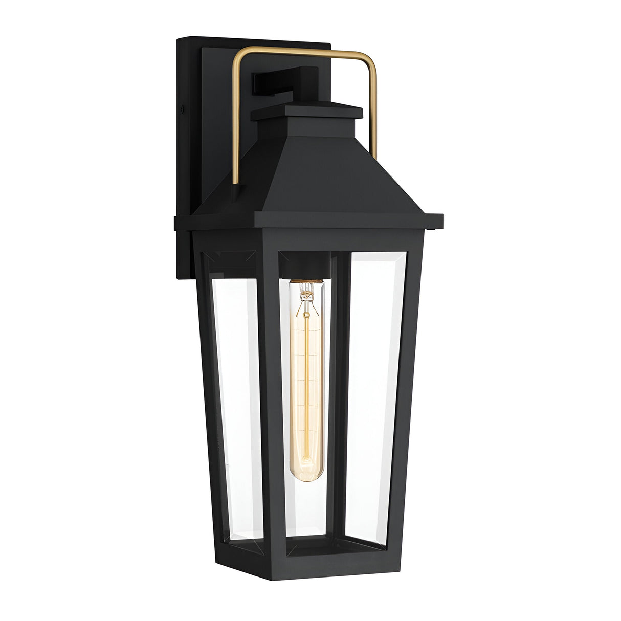 The Buckley 1 Light Coastal Medium Outdoor Wall Lights Lantern in black features clear glass panels, a gold handle, and an exposed vintage bulb for stylish, weatherproof durability on your entryway.
