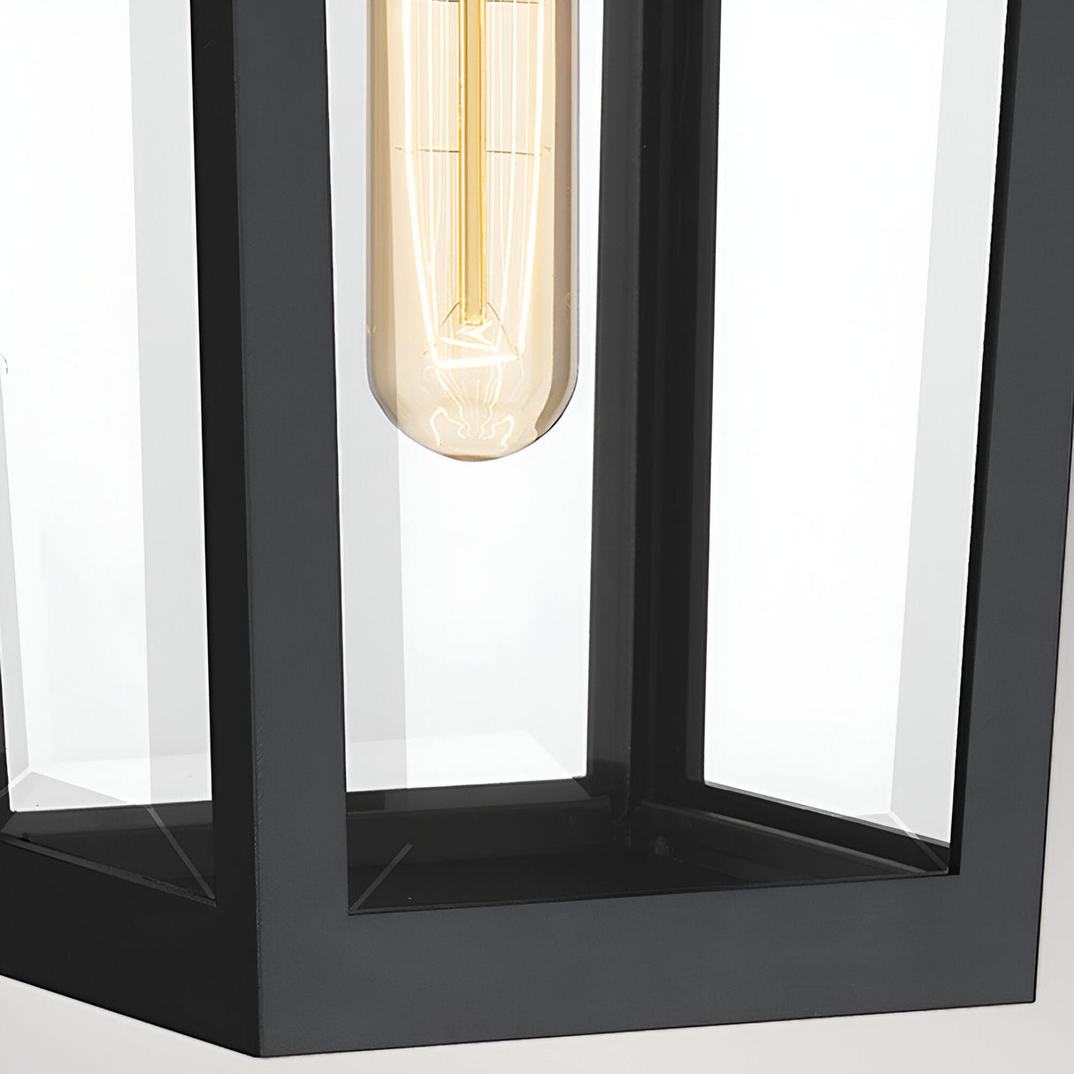 Close-up of the Buckley 1 Light Coastal Medium Outdoor Wall Lights Lantern in black, featuring clear glass panels and an exposed Edison-style bulb—a stylish and weatherproof choice for any homes exterior.