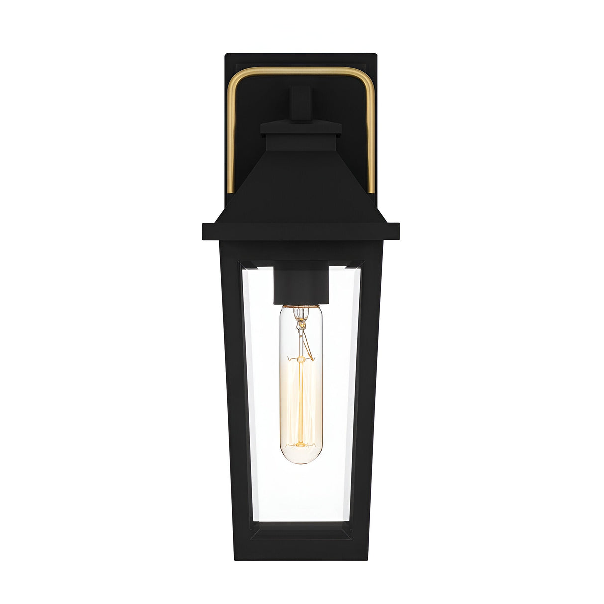 The Buckley 1 Light Coastal Small Outdoor Wall Lights Lantern in black features gold accents, a clear glass panel, and an exposed Edison bulb—an elegant, timeless choice for your entryway.