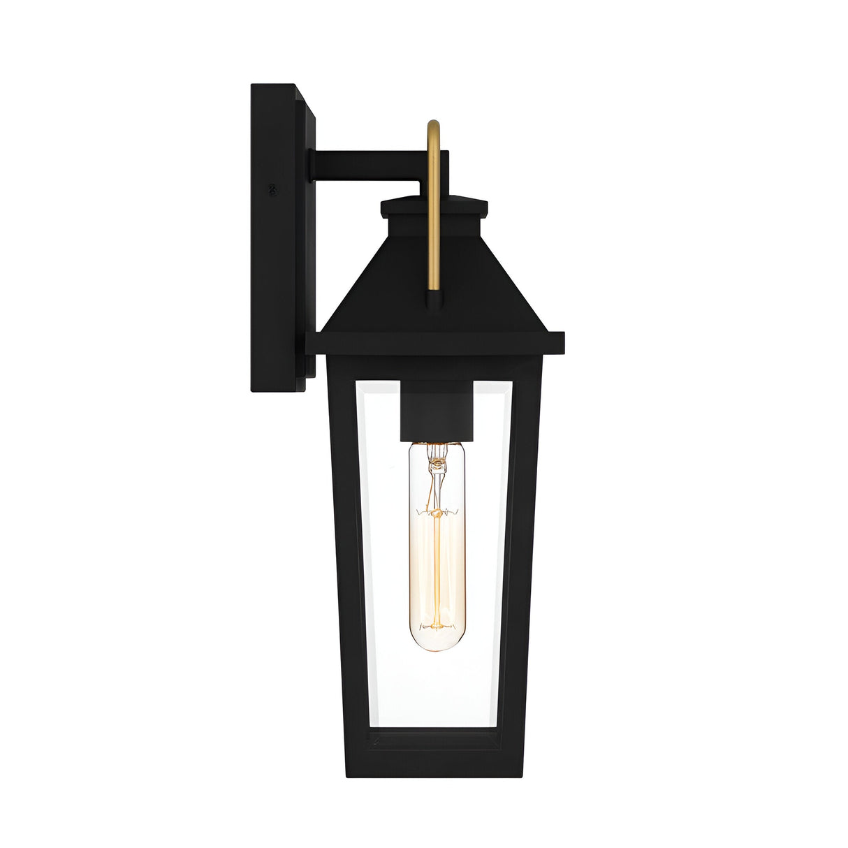 The Buckley 1 Light Coastal Small Outdoor Wall Lights Lantern in black features a rectangular frame, clear glass panels, and an exposed vertical bulb—ideal for coastal outdoor wall lighting.