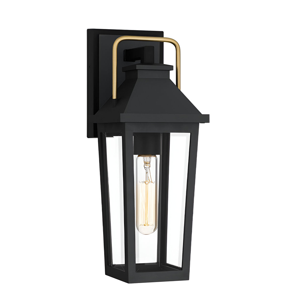 The Buckley 1 Light Coastal Small Outdoor Wall Lights Lantern in black features clear glass panels, a visible vintage-style bulb, and a brass accent handle—ideal coastal lighting for entryways.