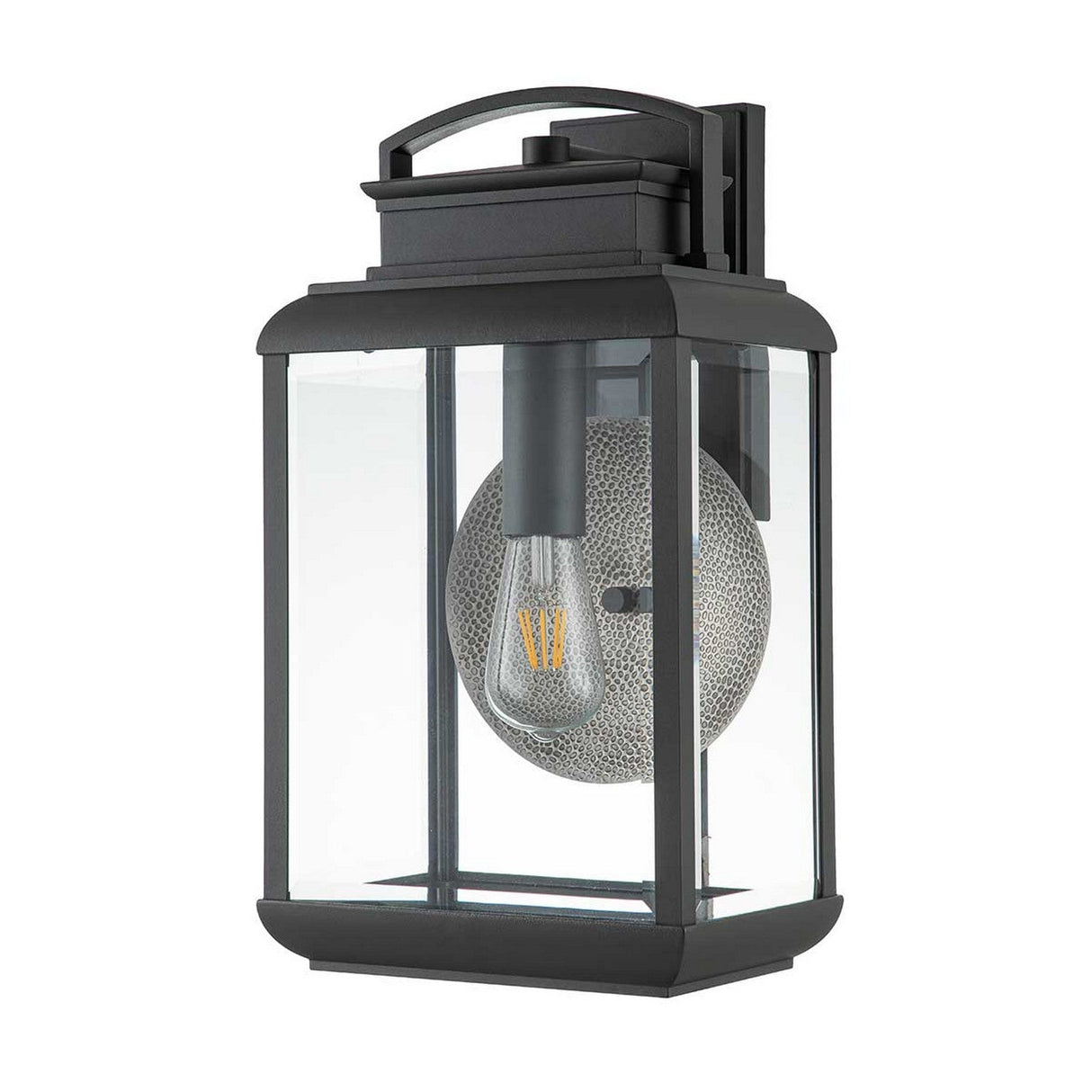 The Byron Outdoor 1 Light Large Wall Lantern in graphite, featuring a grey reflector and black, rectangular design, highlights a visible bulb through its clear beveled glass panels. Complemented by a sleek graphite finish and textured backplate, this modern, minimalist fixture creates an elegant contrast against any white backdrop.