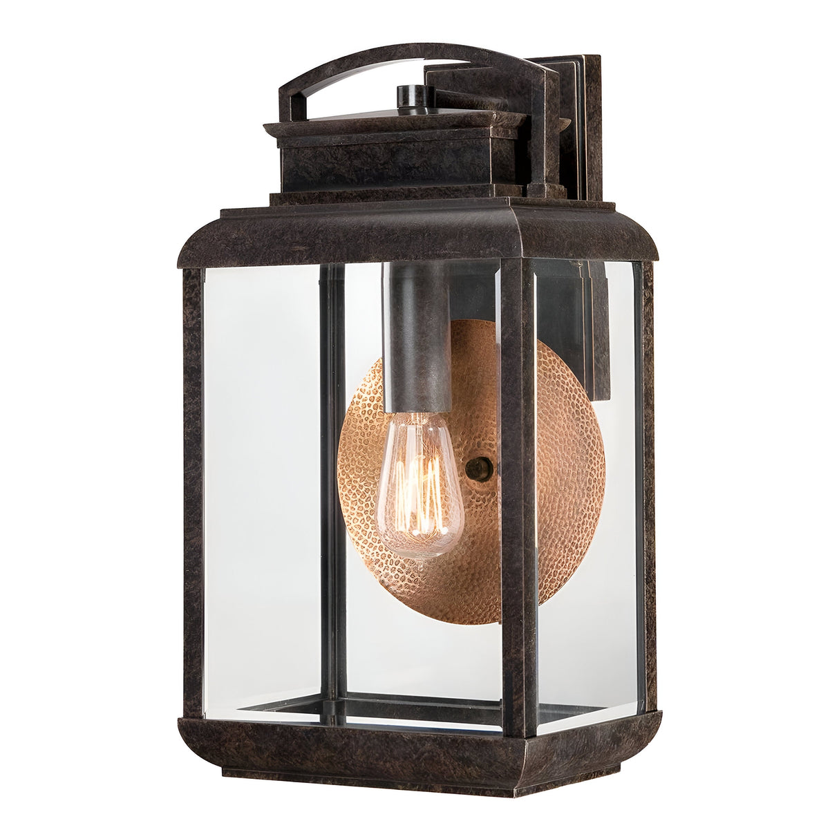 The Byron Outdoor 1 Light Large Wall Lantern in Imperial Bronze with Copper Reflector features a vintage-style design, showcasing a rectangular metal frame. Clear glass panels highlight an exposed filament bulb, while the textured copper reflector at the back adds decorative contrast.