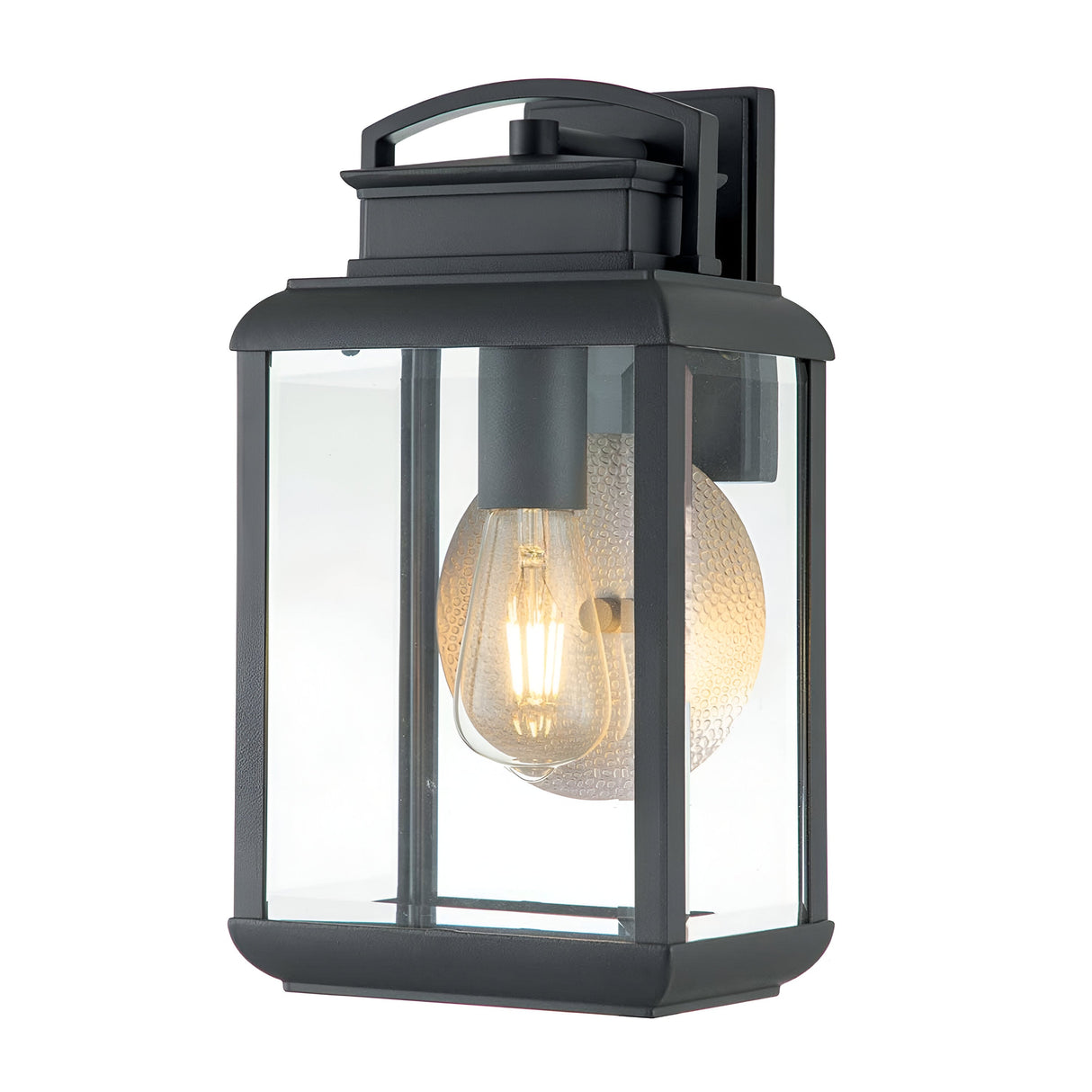 Introducing the Byron Outdoor 1 Light Medium Wall Lantern, showcased in a sophisticated graphite finish with a complementary grey reflector. The lantern boasts a modern rectangular design, complete with a clear glass enclosure and glowing bulb. As an IP44-rated fixture, it's ideal for exterior lighting and enhances any outdoor space with style and illumination.