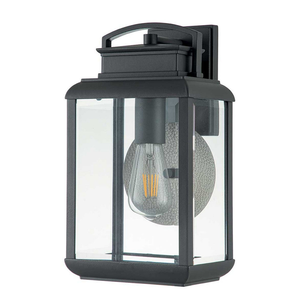 The Byron Outdoor 1 Light Medium Wall Lantern in graphite, featuring a grey reflector, boasts a modern design with clear glass panels and a visible filament bulb. This IP44 fixture includes a mounted bracket for easy attachment, enhancing the elegance of your outdoor lighting.