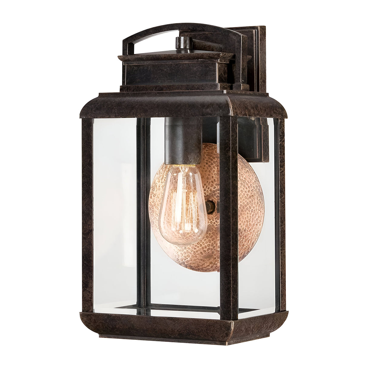 The Byron Outdoor 1 Light Medium Wall Lantern, featuring a vintage style in imperial bronze, showcases clear glass panes and a decorative bulb. Its textured copper reflector serves as a backdrop, adding rustic charm to any exterior space.