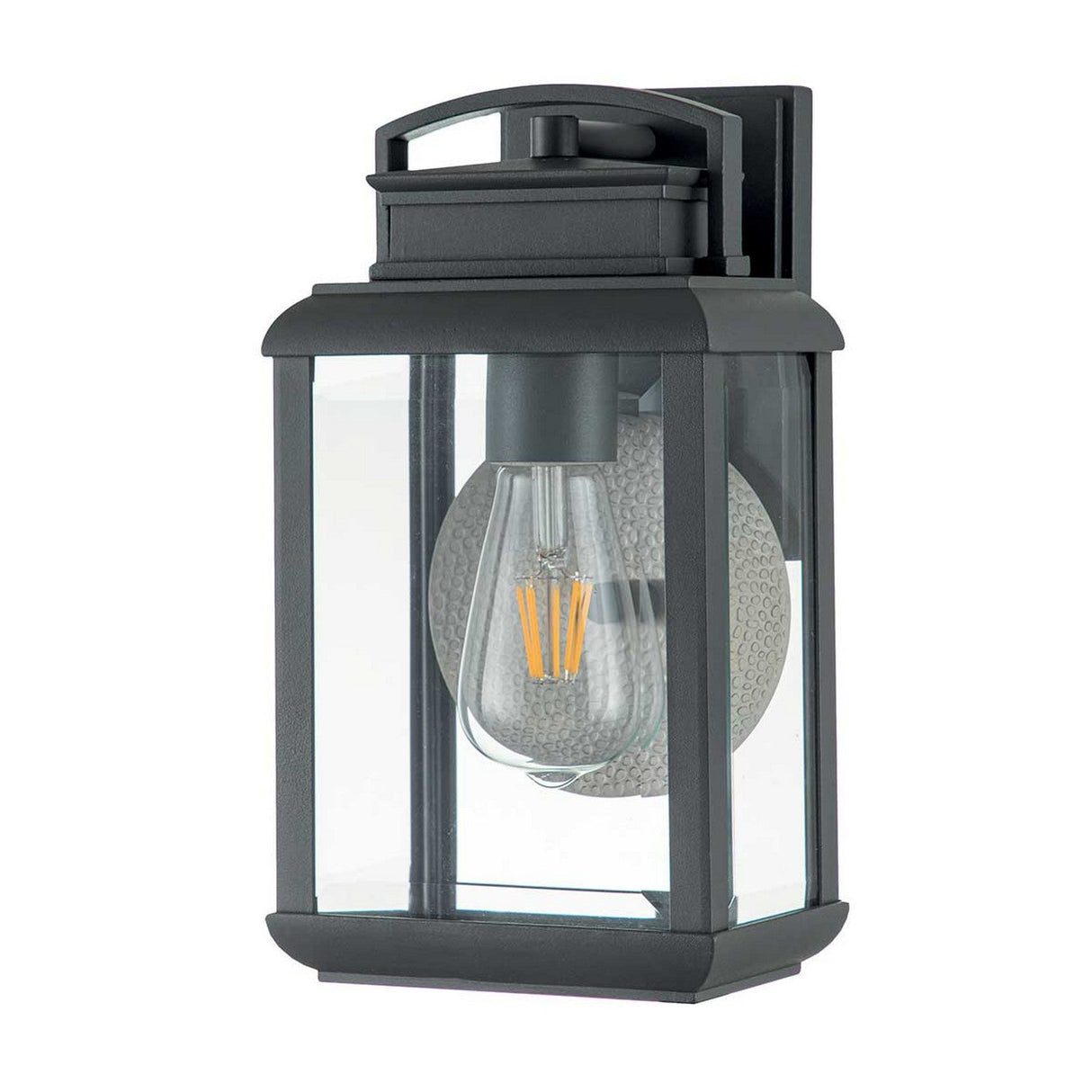 The Byron Outdoor 1 Light Small Wall Lantern, crafted from black metal and glass in a sleek graphite finish with a grey reflector, showcases a clear glass casing that reveals a visible LED bulb. This modern design features clean lines in a rectangular shape and is IP44-rated for dependable weather resistance.
