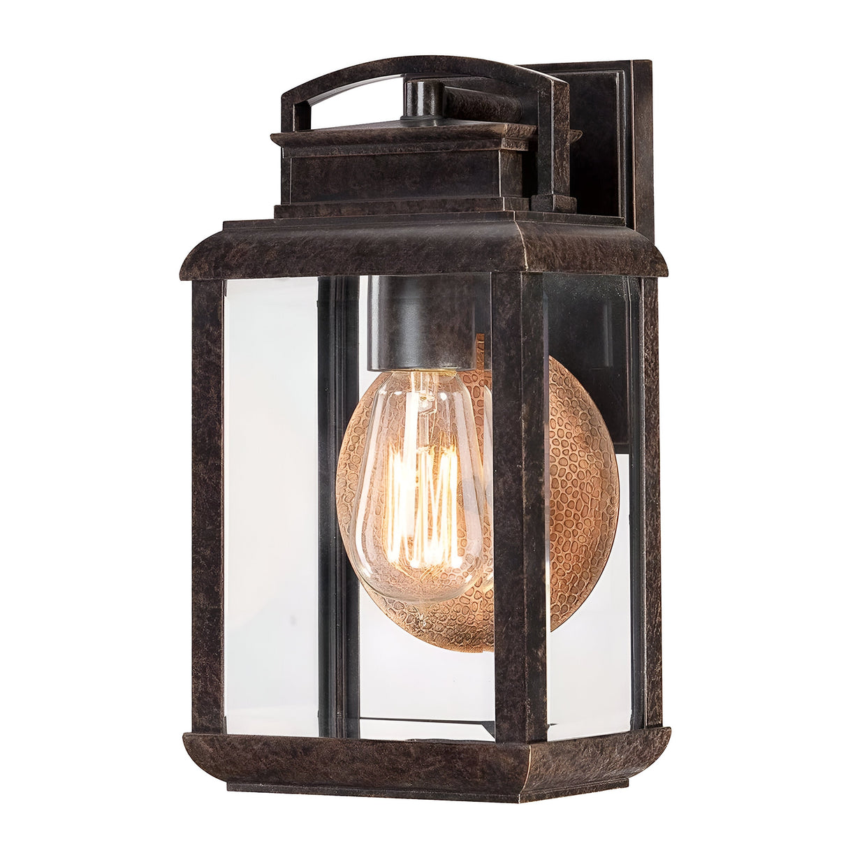The Byron Outdoor 1 Light Small Wall Lantern in Imperial Bronze is designed with a vintage aesthetic, featuring clear glass panels that highlight the exposed filament bulb. Its rectangular shape is complemented by a sturdy, handle-like element on top, along with a copper reflector for extra warmth.
