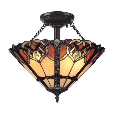 Introducing the Cambridge 2 Light Large Tiffany Semi-Flush in Vintage Bronze: Featuring an intricate design in shades of brown, beige, and dark red on its stained glass ceiling fixture. This piece is elegantly suspended by metal chains, embodying a timeless and sophisticated aesthetic.