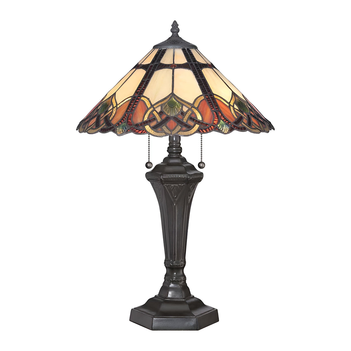 The Cambridge 2 Light Table Lamp - Vintage Bronze features an elegant stained glass shade with intricate multicolored patterns. The vintage bronze base is beautifully sculpted, providing ideal support for the lamp's classic, artistic design.