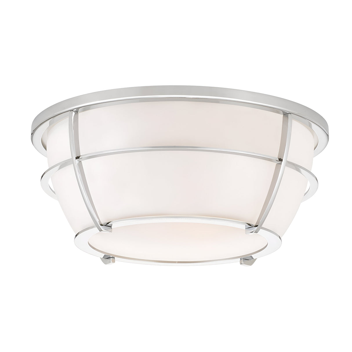 The Chance 2 Light Flush - Polished Chrome ceiling light showcases a white frosted glass shade paired with a sleek metallic frame in polished chrome. Its circular design, featuring horizontal and vertical silver bands, provides a contemporary look ideal for flush mount lighting that complies with IP44 rating standards.