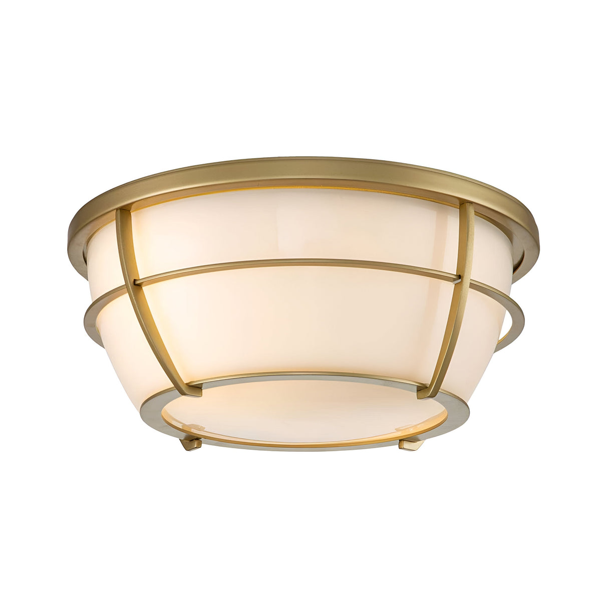 The Chance 2 Light Flush - Natural Brass is a ceiling light fixture featuring a round, frosted glass shade and an overlapping ring design with a Natural Brass metal frame. It combines elegance and practicality, making it ideal for spaces needing an IP44 rating.