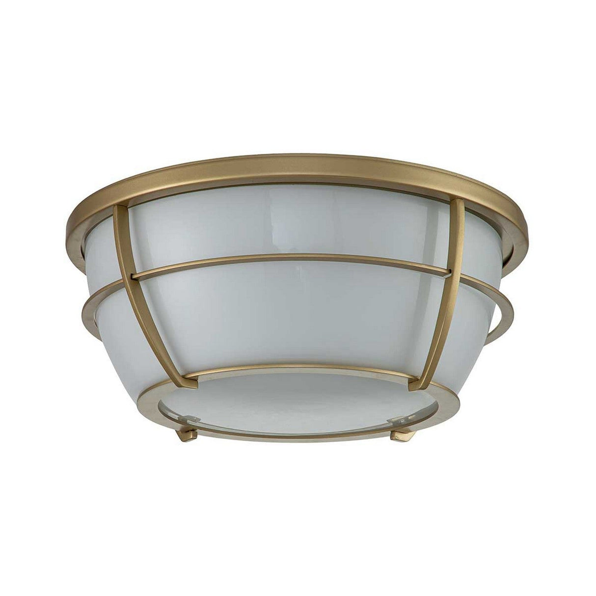 The Chance 2 Light Flush - Natural Brass is a contemporary ceiling light featuring a circular design. It boasts an IP44 rating and includes a white glass shade encased in natural brass with horizontal bars.
