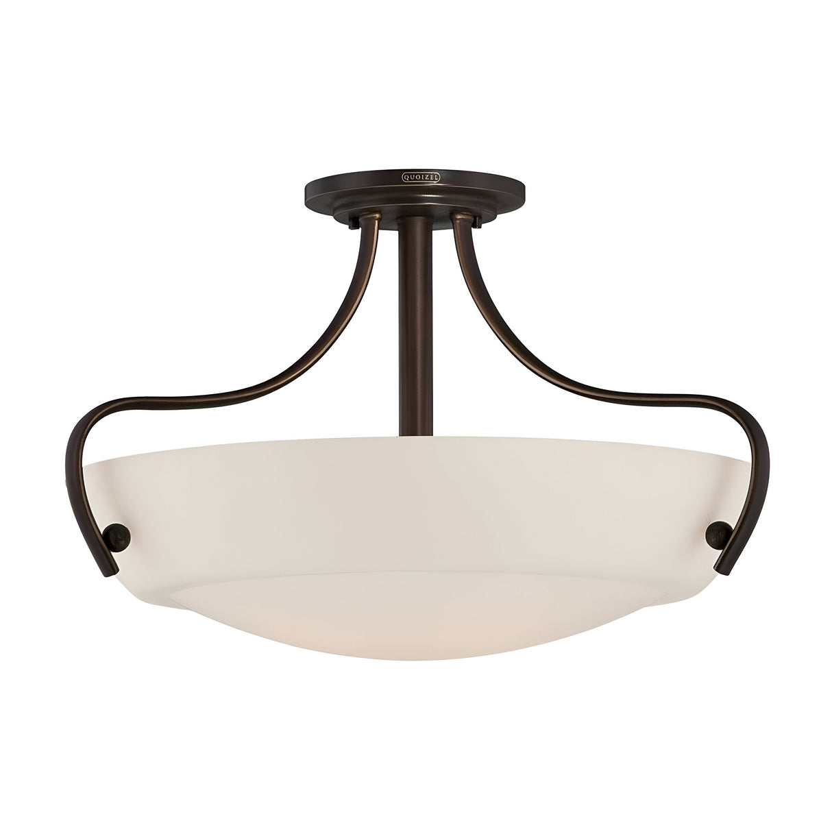 The Chantilly 3 Light Semi-Flush in bronze features an opal-etched glass diffuser and elegant curved arms with a Palladian Bronze finish.