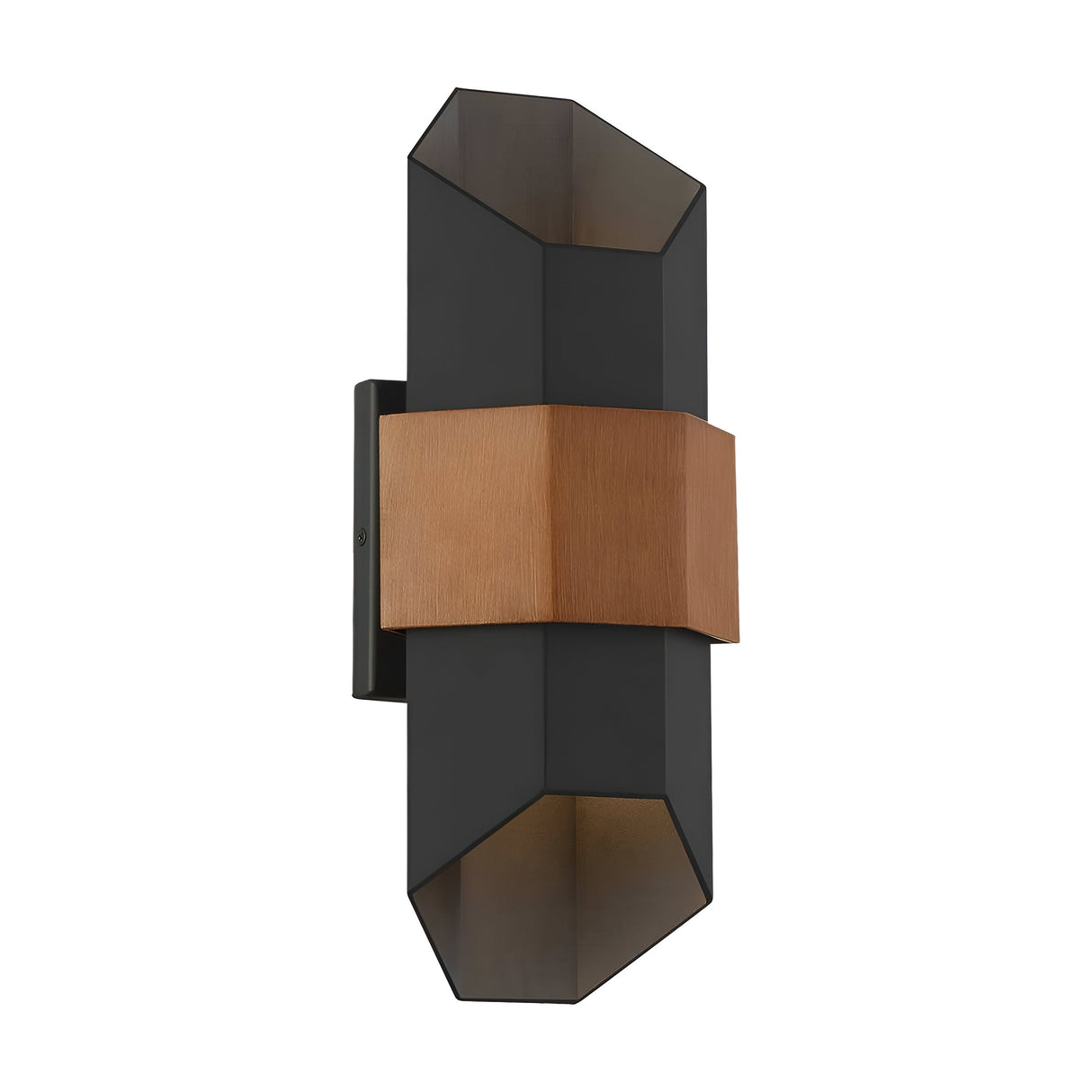 The Chasm Outdoor LED Medium Wall Lantern in Matte Black is a contemporary wall sconce with a geometric structure, featuring a central rectangular section finished in warm wood. This energy-efficient fixture includes two hexagonal ends that emit light both upwards and downwards, making it the perfect addition to any stylish space.