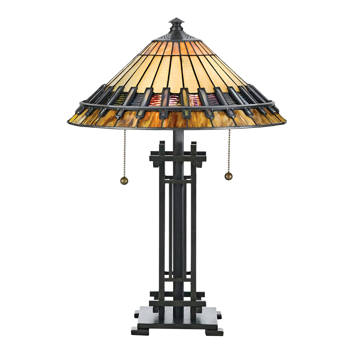 The Chastain 2 Light Tiffany Table Lamp in Vintage Bronze boasts a stained glass shade adorned with an Arts and Crafts geometric pattern in earthy tones. Its design is enhanced by a structured base featuring two pull chains for effortless operation.