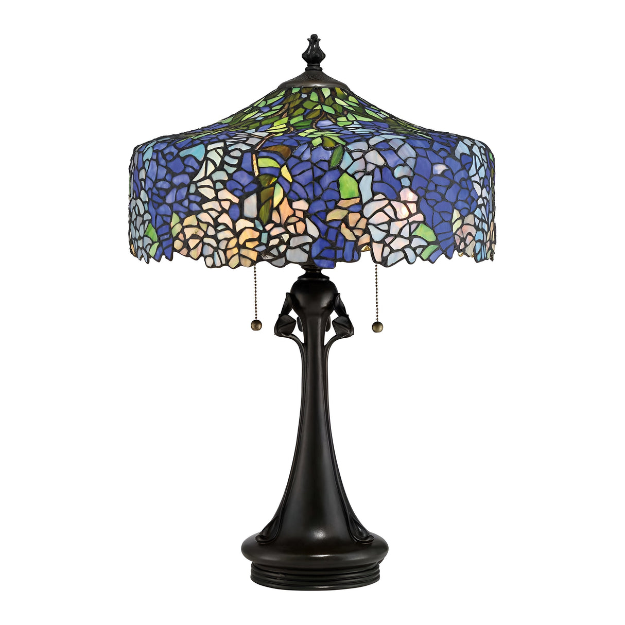 The Cobalt 3 Light Tiffany Table Lamp - Vintage Bronze features a dark, ornate base with a twin pull chain design. Its shade is adorned with a hydrangea pattern crafted from blue, green, and white glass pieces.