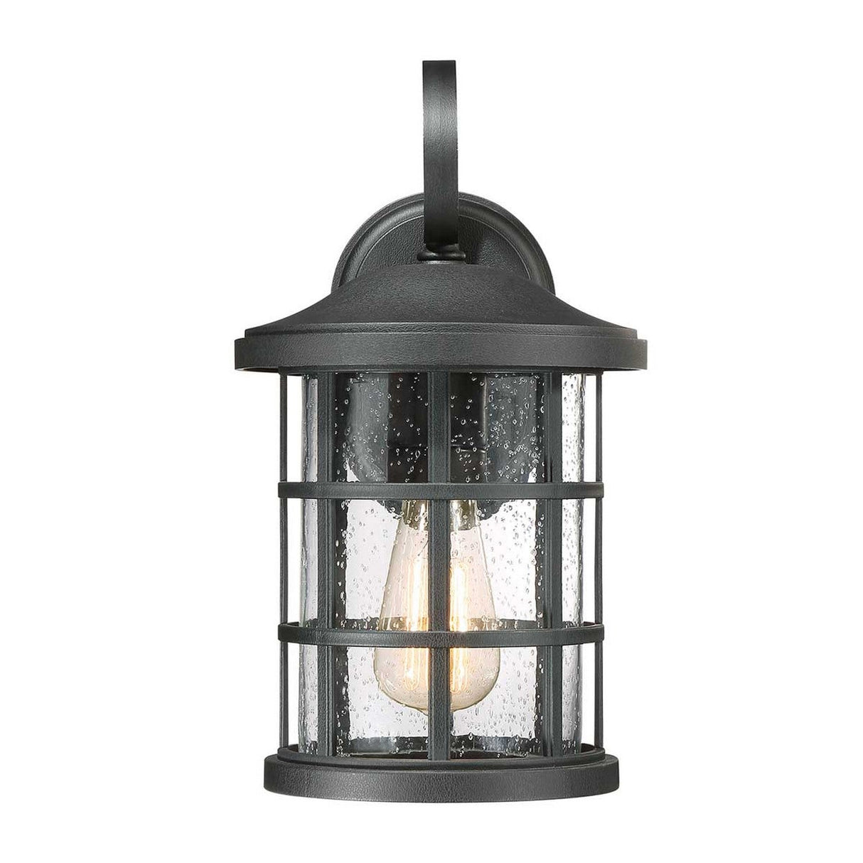 Crusade Outdoor 1 Light Medium Wall Lantern - Black features a rustic design with a black metal frame and clear glass panels. The visible light bulb accentuates its classic lantern style with a curved top. Rated IP44, this fixture is built to endure the elements while elevating your outdoor space.