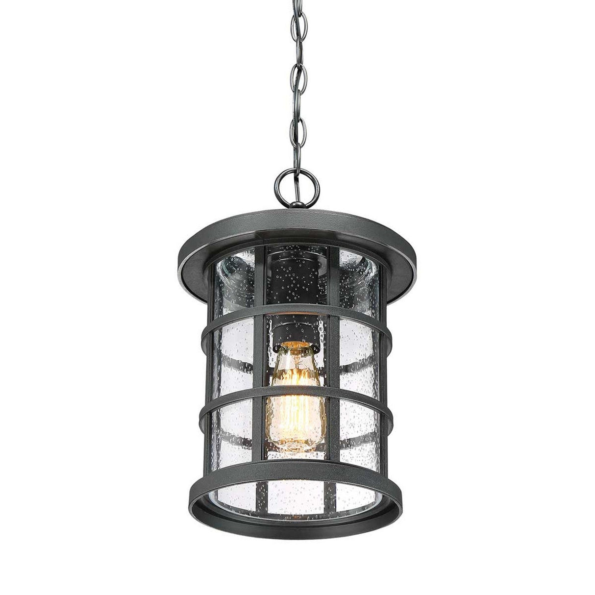 The Crusade Outdoor 1 Light Chain Pendant - Black is a hanging light with a clear glass cylinder encompassed by a black metal grid showcasing Craftsman design. It features a visible filament bulb that emits a warm glow, suspended from a durable composite material chain.