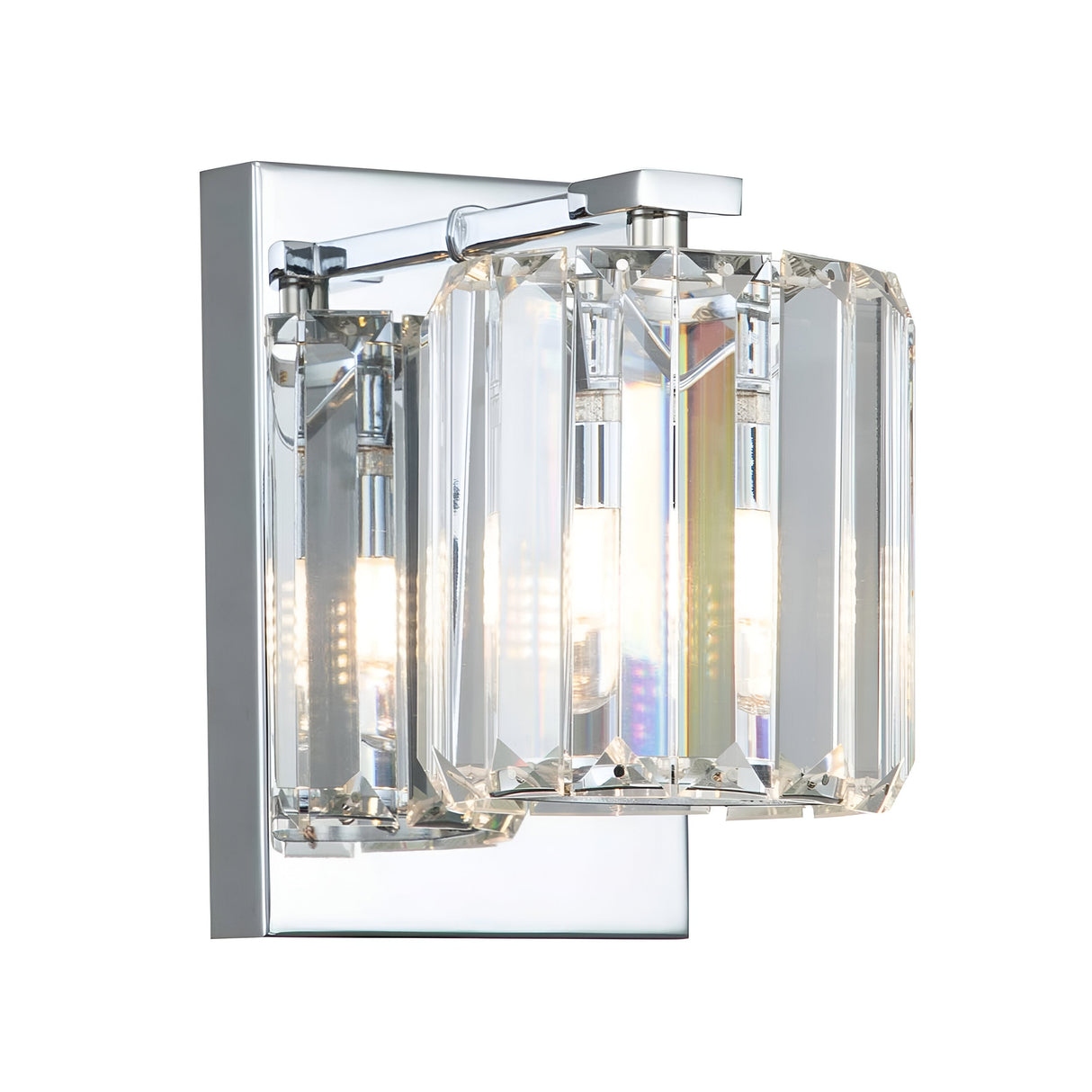 The Divine 1 Light Wall Light in polished chrome showcases a contemporary design with two vertical crystal glass panels encasing its bulb, creating a bright and elegant glow.