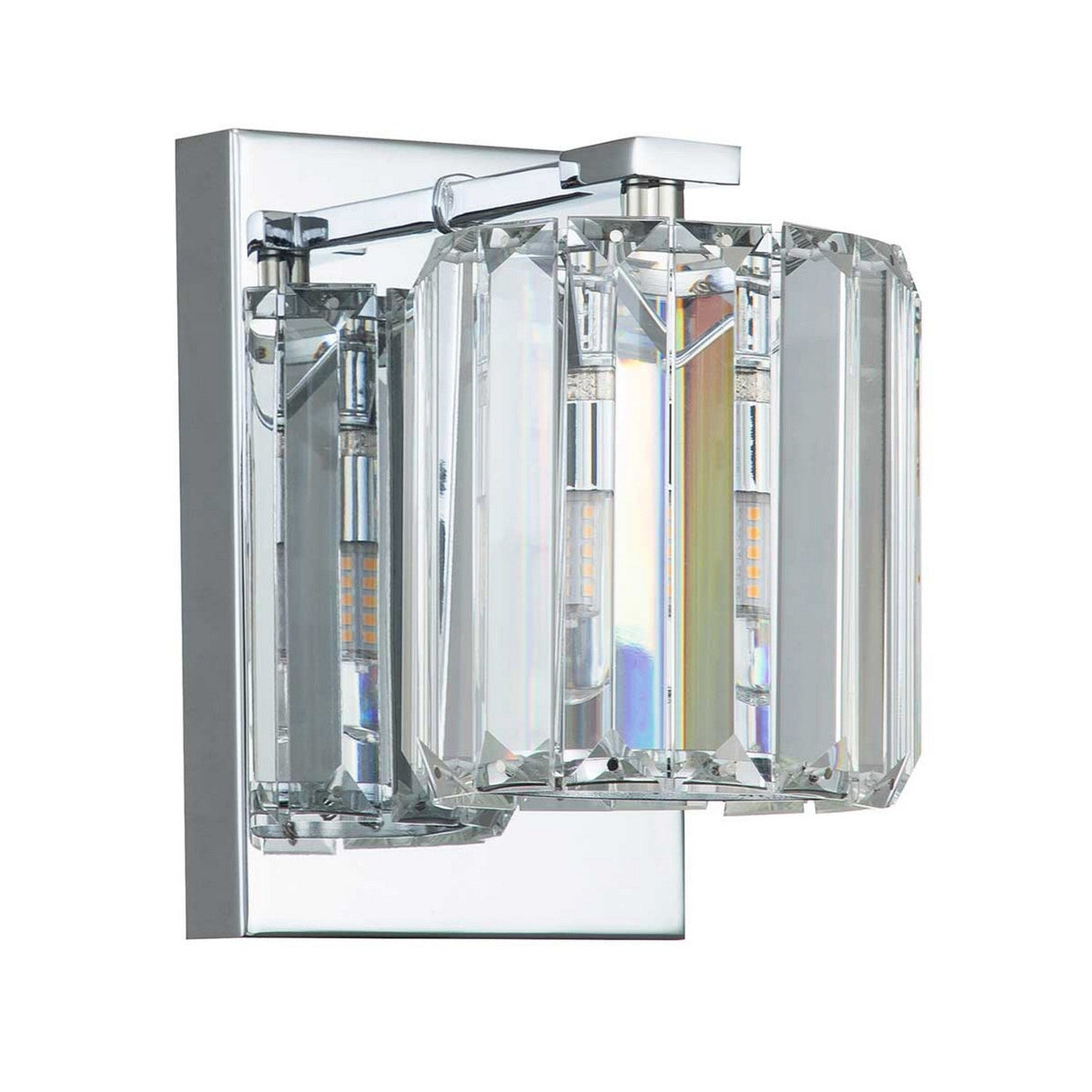 The Divine 1 Light Wall Light - Polished Chrome boasts a sleek modern design with its polished chrome base and faceted crystal glass shade. The clear crystal beautifully refracts light, producing an elegant prism effect. Designed to accommodate a single bulb fitting, this wall sconce offers a chic and sophisticated look.