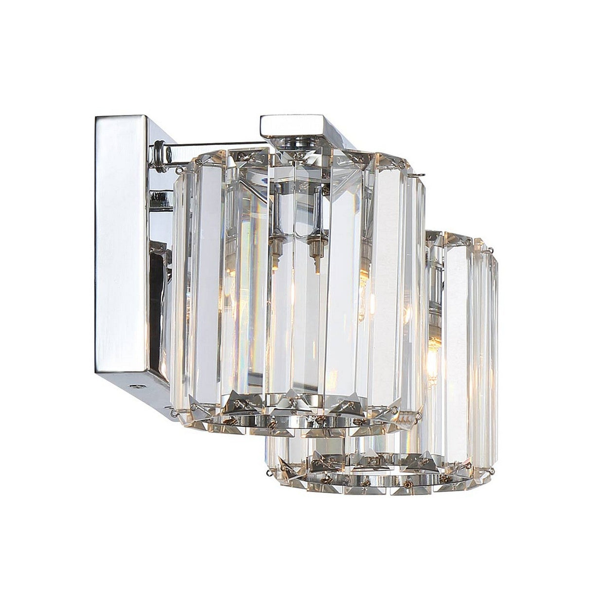 The Divine 2 Light Wall Light - Polished Chrome features a modern design with two cylindrical clear glass shades and polished chrome accents, showcasing visible light bulbs for a sleek look. It embodies an elegant and contemporary style for interior lighting.