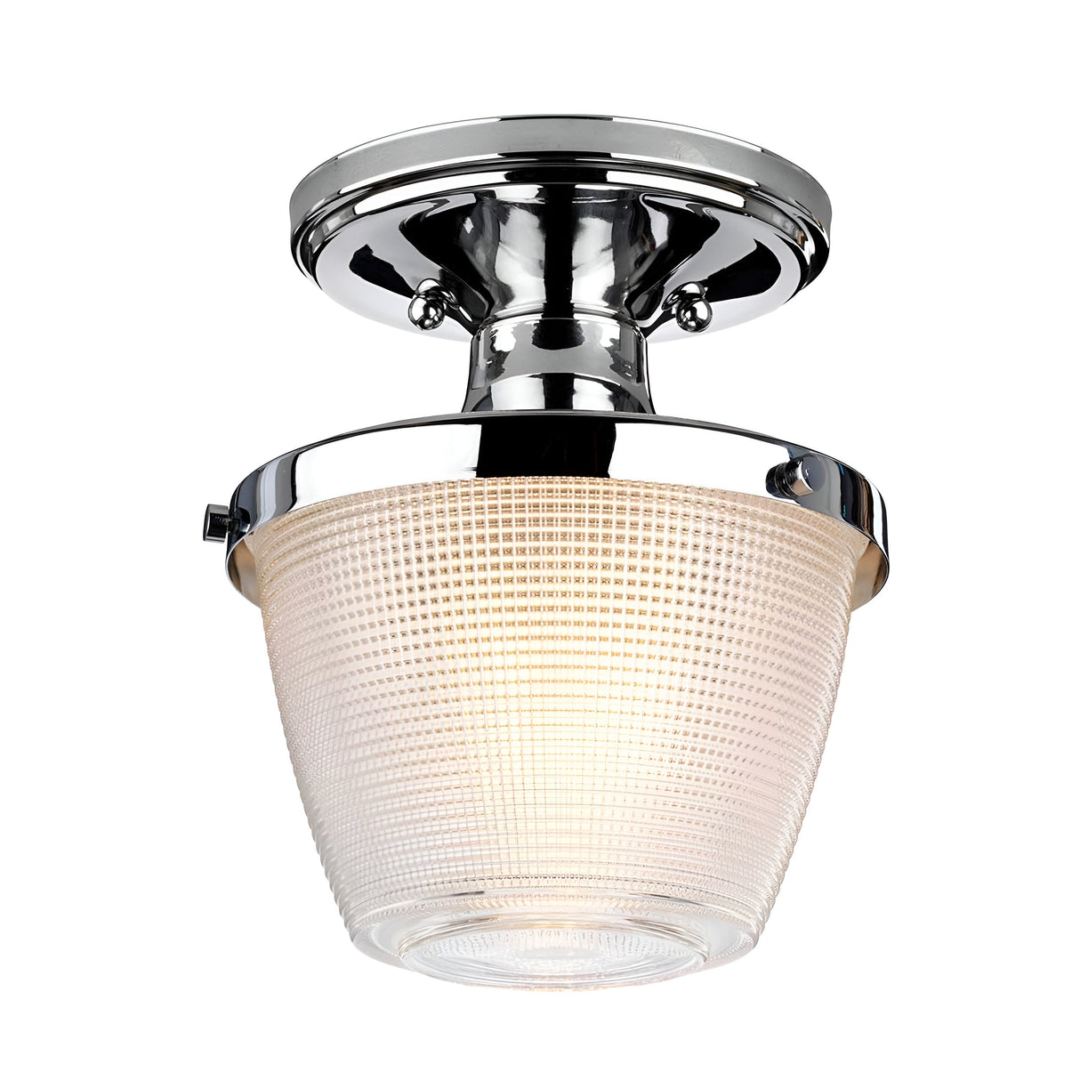 The Dublin 1 Light Semi Flush in Polished Chrome showcases a contemporary design with its textured glass shade and emits a warm glow, making it ideal for modern interiors and bathroom lighting.