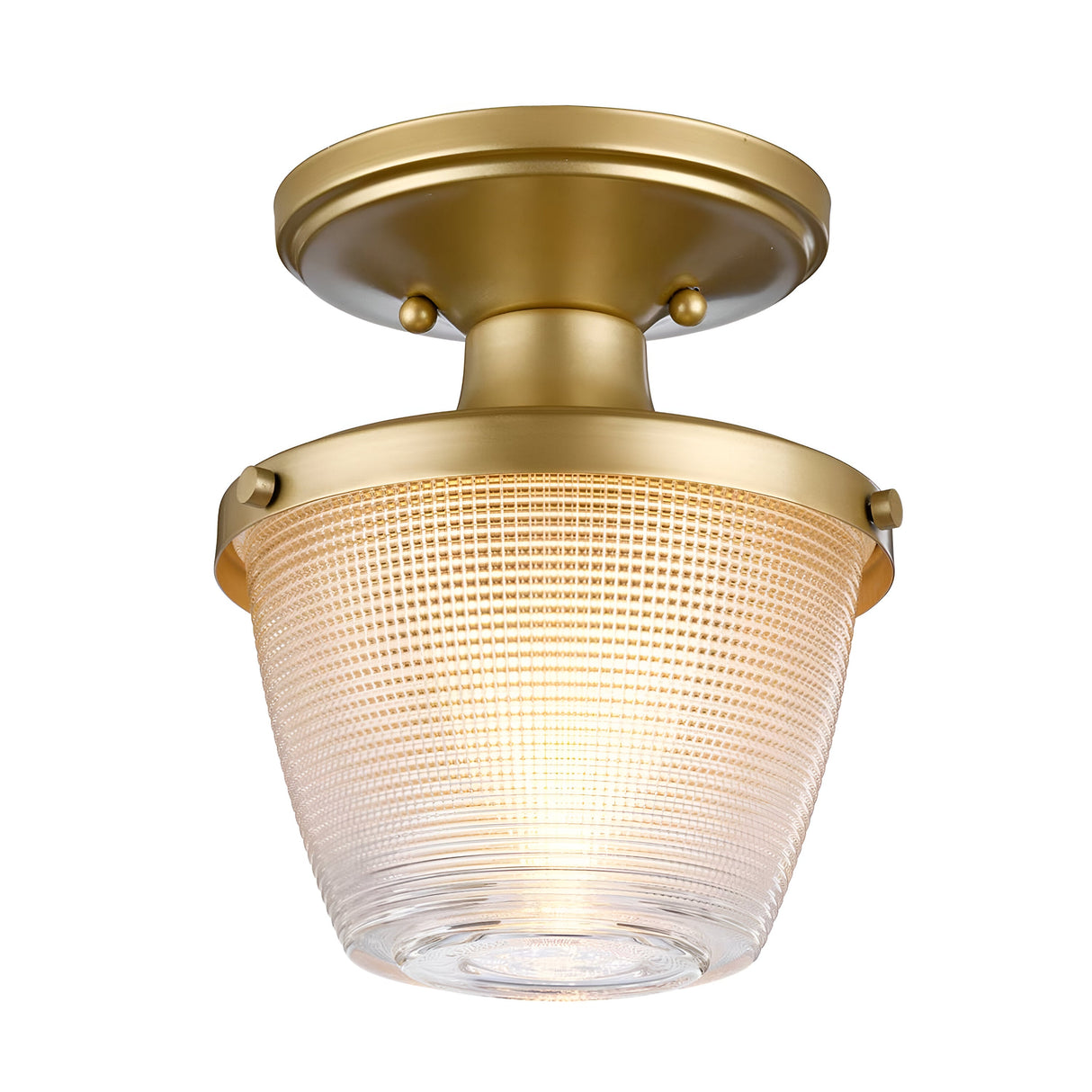The Dublin 1 Light Semi Flush - Natural Brass showcases a ceiling fixture with a textured, translucent glass shade. It provides a warm glow that is ideal for bathroom lighting while accentuating its sleek, modern design. Mounted flush to the ceiling, it offers a stylish and elegant look.