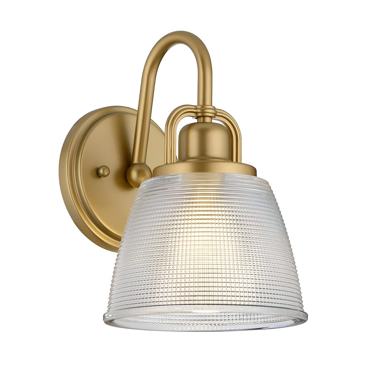 The Dublin 1 Light Wall Light in natural brass, featuring a frosted glass shade, comes with a curved arm and round base. This sophisticated wall fixture gently diffuses light, making it an ideal choice for achieving a warm ambiance in bathroom settings.