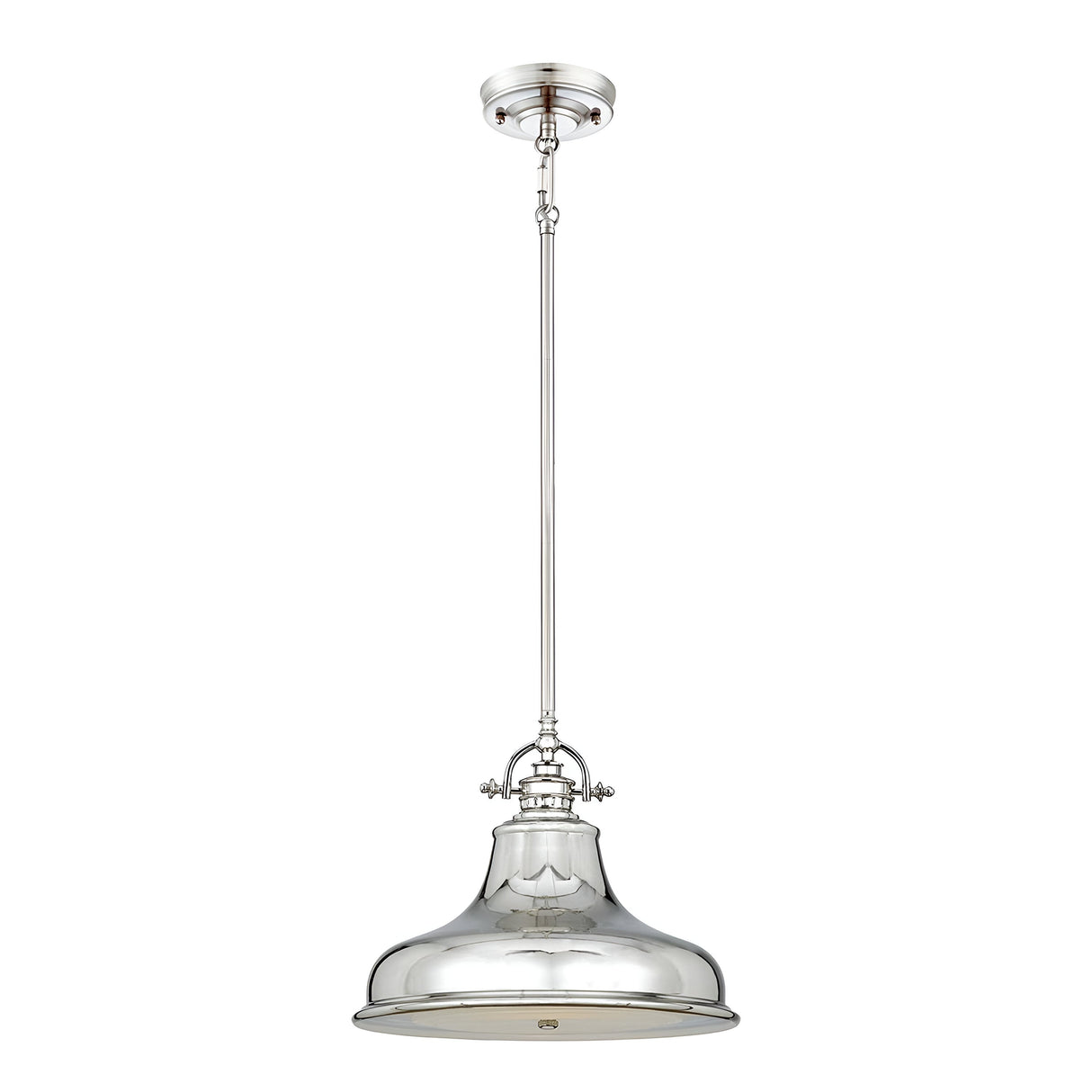 The Emery 1 Light Medium Pendant - Imperial Silver boasts a polished chrome appearance with a streamlined, dome-shaped shade. It hangs elegantly from an extended rod embellished with decorative finial details, showcasing a modern and industrial design. The Imperial Silver finish, coupled with a prismatic lens diffuser, ensures optimal illumination.