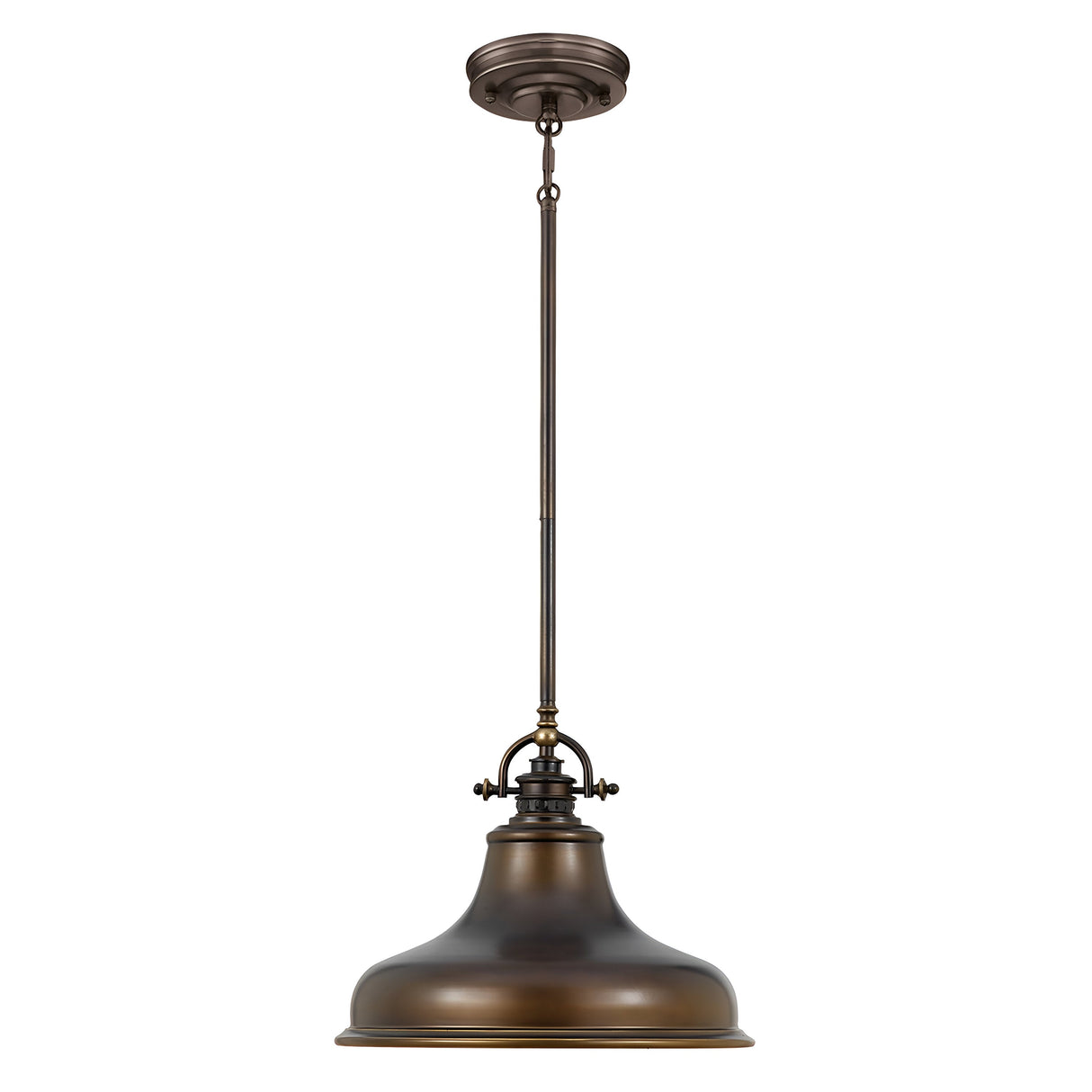 The Emery 1 Light Medium Pendant in Palladian Bronze showcases a vintage-inspired design with an industrial-style, dome-shaped shade, suspended elegantly from the ceiling by a sleek rod. The fixture includes an adjustable chain and prismatic lens diffuser, perfect for adding a classic Palladian Bronze touch to your interior lighting.