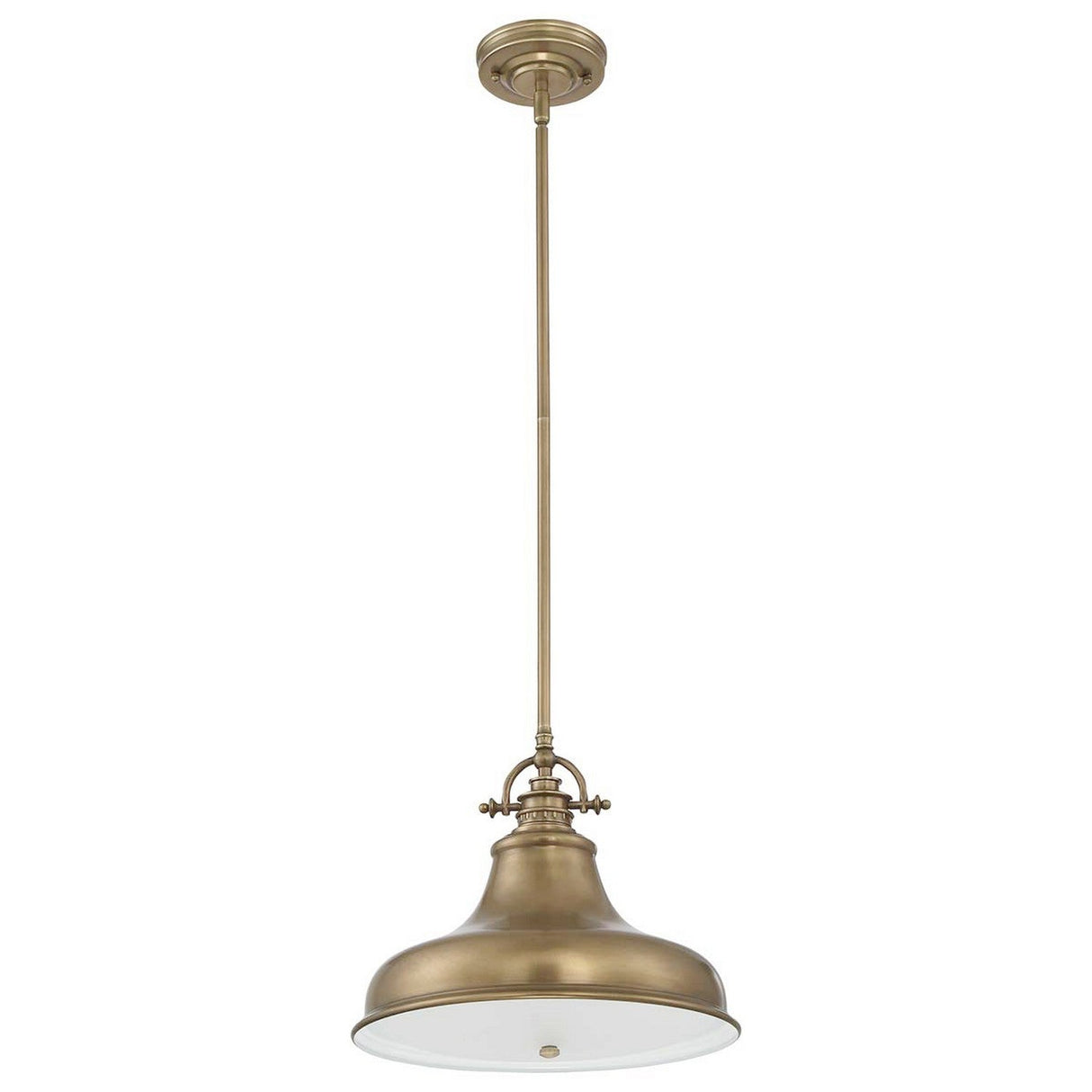 The Emery 1 Light Medium Pendant in weathered brass features a wide, dome-shaped shade and a decorative rod, hanging from a circular ceiling mount. Its vintage design includes a white underside for classic elegance, enhancing its timeless allure.