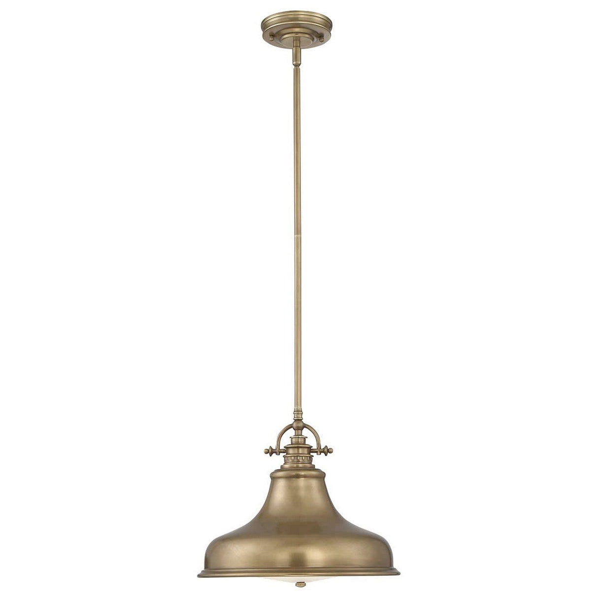 Product: Emery 1 Light Medium Pendant - Weathered Brass. This vintage lighting piece features a weathered brass finish, a dome-shaped shade with an ornate attachment on a straight rod, and an adjustable hanging height—ideal for adding charm to classic and industrial interiors.