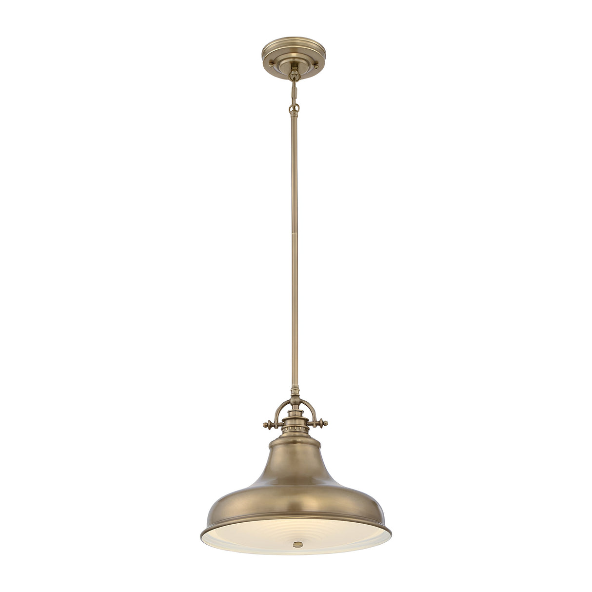 The Emery 1 Light Medium Pendant in Weathered Brass exudes vintage lighting charm with its classic design. It has a dome-shaped shade and a simple rod that connects to a circular ceiling mount. Its prismatic lens diffuser enhances the antique appearance, even when unlit.