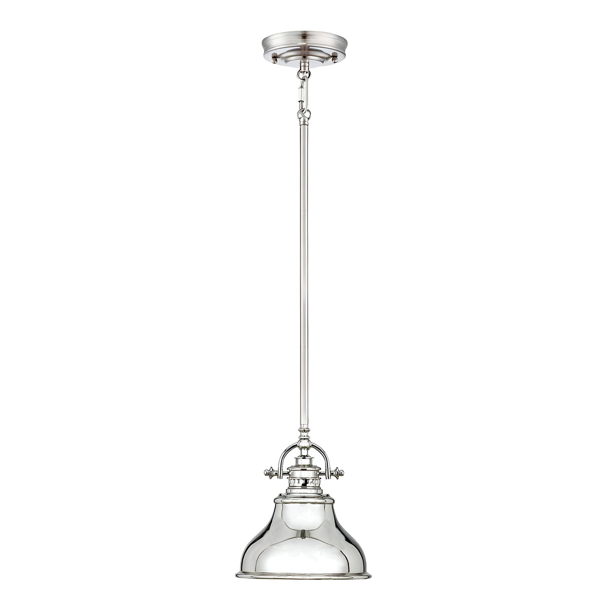 Introducing the Emery 1 Light Mini Pendant in Imperial Silver, showcasing a stylish and modern industrial design. It features a sleek curved glass shade suspended by an elongated rod, complemented by a shiny metal finish and a vintage-inspired fixture.