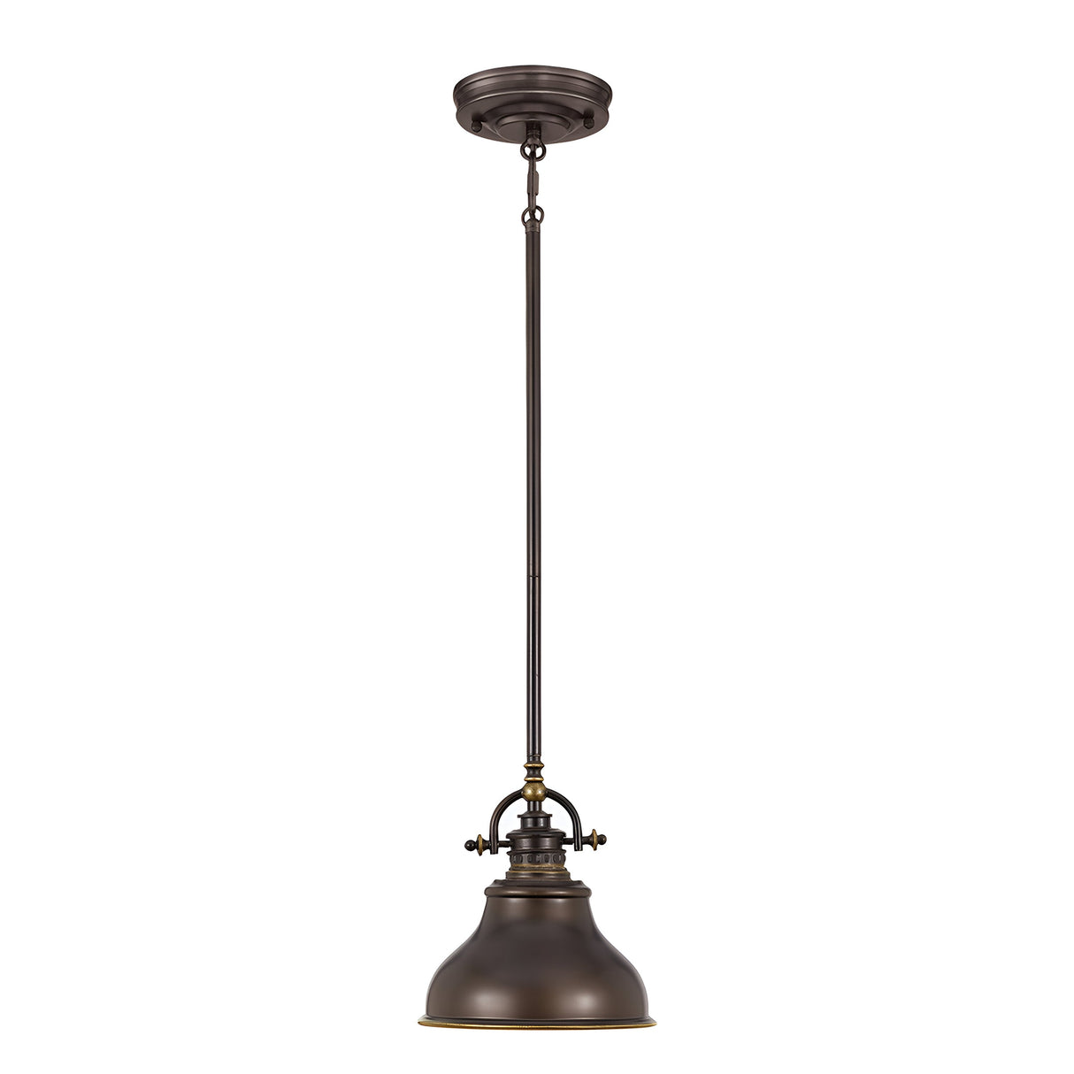 The Emery 1 Light Mini Pendant - Palladian Bronze features a dome-shaped shade and is suspended from a rod and chain. This vintage-inspired fixture showcases industrial styling with decorative elements on the top and bottom, offering a touch of timeless elegance.