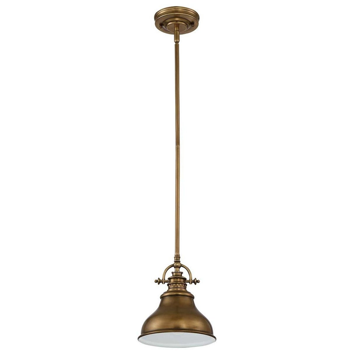 The Emery 1 Light Mini Pendant in Weathered Brass features a timeless dome-shaped shade hanging from a single rod, adding vintage-style elegance to any space.
