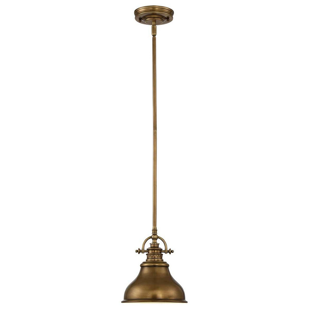 The Emery 1 Light Mini Pendant in weathered brass showcases a dome-shaped shade and an adjustable rod, elegantly suspended from a circular ceiling mount. The prismatic lens diffuser enhances its straightforward, industrial design, allowing it to seamlessly adapt to various interior styles.