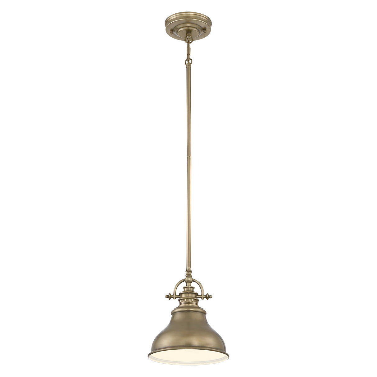 The Emery 1 Light Mini Pendant in weathered brass showcases a vintage-inspired dome shade suspended from a straight rod and round ceiling mount. When illuminated, it casts a gentle glow through its prismatic lens diffuser.